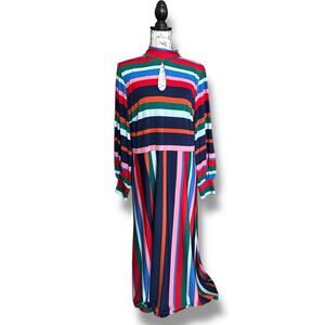 Eloquii Rainbow Striped A-line Midi Dress Puff Long Sleeve Artsy Plus 16 NEW